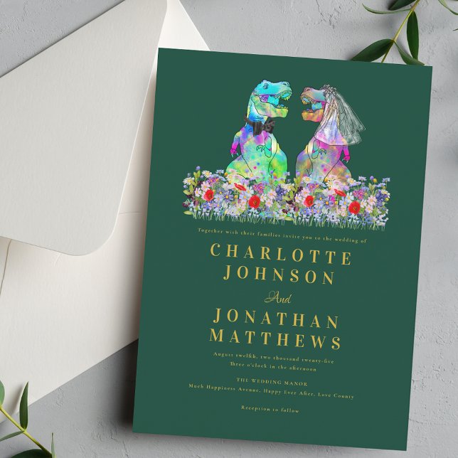 Dinosaur Theme Colourful Wildflower Green Wedding Invitation (Colorful Dinosaur boho wildflower green and gold wedding invitation Fun T-Rex bride & Groom dino)
