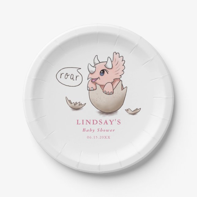 Dinosaur Theme Cute Pink Triceratops Baby Shower Paper Plate (Front)