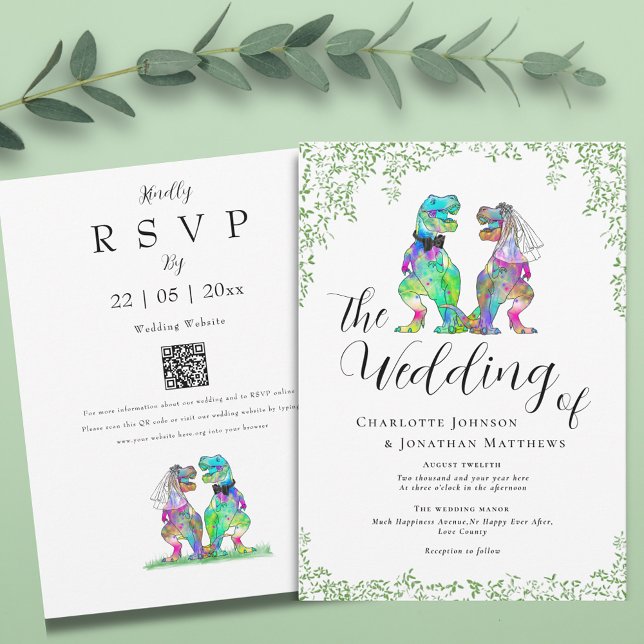 Dinosaur Theme Eucalyptus Foliage Wedding Invitation (Botanical dinosaur theme wedding invitation with qr code)