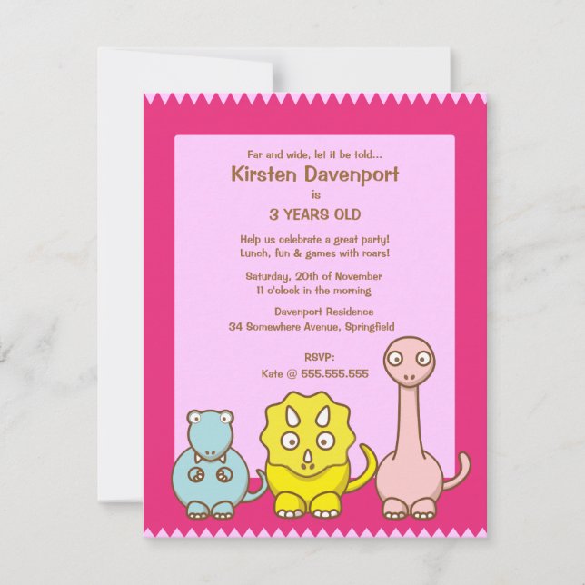 Dinosaur Theme Girl's Birthday Party Invitation (Front)