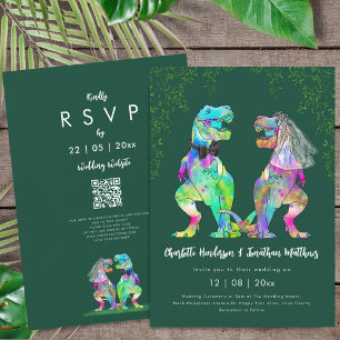 Dinosaur theme Green Wedding QR Code  Invitation