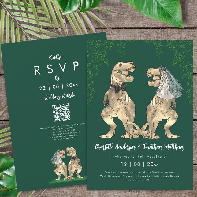 Dinosaur theme Green Wedding QR Code  Invitation (T-Rex bride and groom dinosaur wedding green rsvp qr code invitation watercolor Eucalyptus foliage )