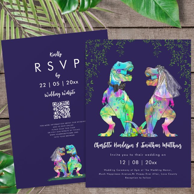 Dinosaur theme Navy Blue Pink Wedding QR Code  Invitation (Colorful T-Rex bride and groom dinosaur wedding navy blue & white rsvp qr code invitation )