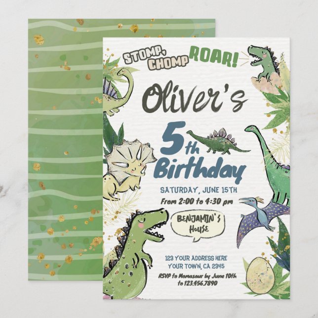 Dinosaur Theme Party Birthday, T Rex Invitation (Front/Back)