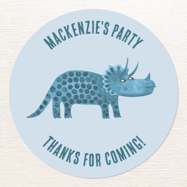 Dinosaur Theme Party Thank You Classic Round Sticker (Party thank you personalized custom name and text triceratops dinosaur sticker)