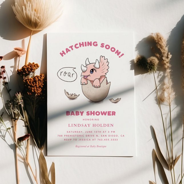Dinosaur Theme Pink Baby Shower Hatching Soon Invitation (Creator Uploaded)