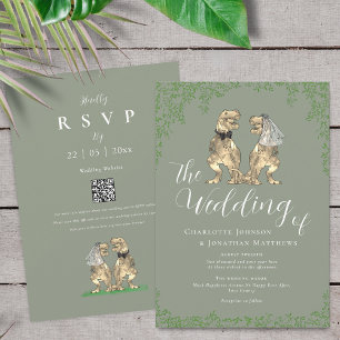 Dinosaur Theme Sage Green Wedding QR Code Invitation