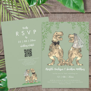 Dinosaur theme Sage Green Wedding QR Code  Invitation