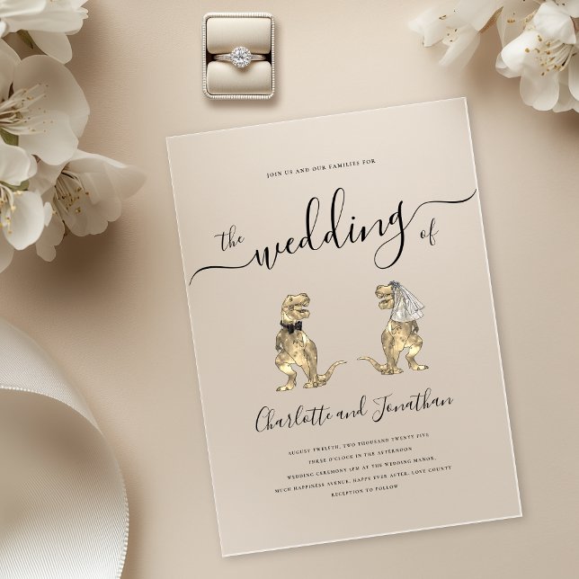 Dinosaur Theme Wedding  Acrylic Invitations (Modern Elegant script Dinosaur theme wedding 5 x 7 acrylic invitation black tie T-Rex groom)