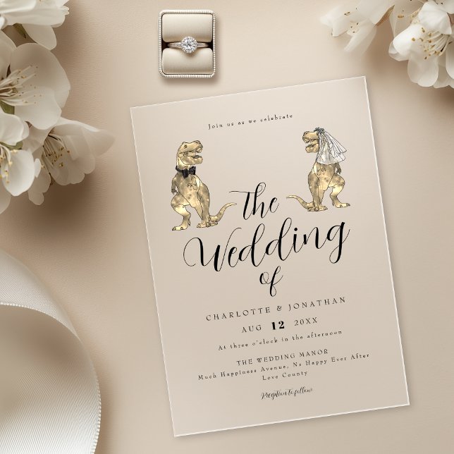 Dinosaur theme Wedding  Acrylic Invitations (Elegant modern Dinosaur theme destination wedding 5 x 7 acrylic invitation T-Rex dino bride & groom)