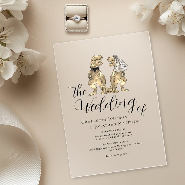 Dinosaur Theme Wedding  Acrylic Invitations (Elegant Dinosaur destination wedding 5 x 7 acrylic invitation T-Rex bride and groom black tie )