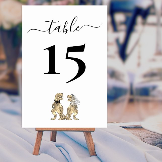 Dinosaur theme Wedding Black and White Table Number (Dinosaur wedding black and white custom table number card T-Rex din Bride & groom  modern script)