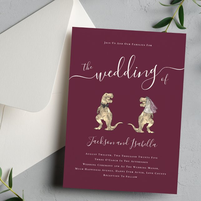 Dinosaur Theme Wedding Burgundy and Ivory Cream Invitation (Dinosaur theme wedding burgundy and ivory cream elegant modern script T-Rex dino bride and groom)