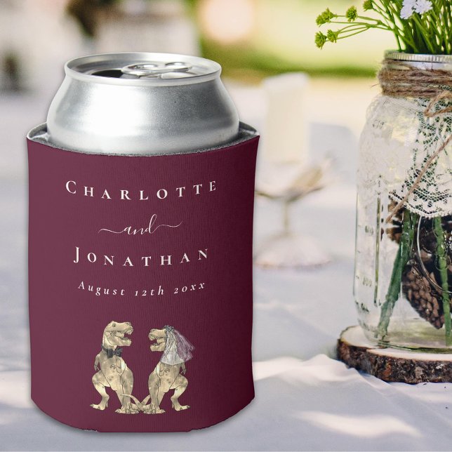 Dinosaur Theme Wedding Burgundy & Cream Can Cooler (Dinosaur wedding burgundy & Cream bride & groom monogram personalized can cooler funny T-Rex dino)