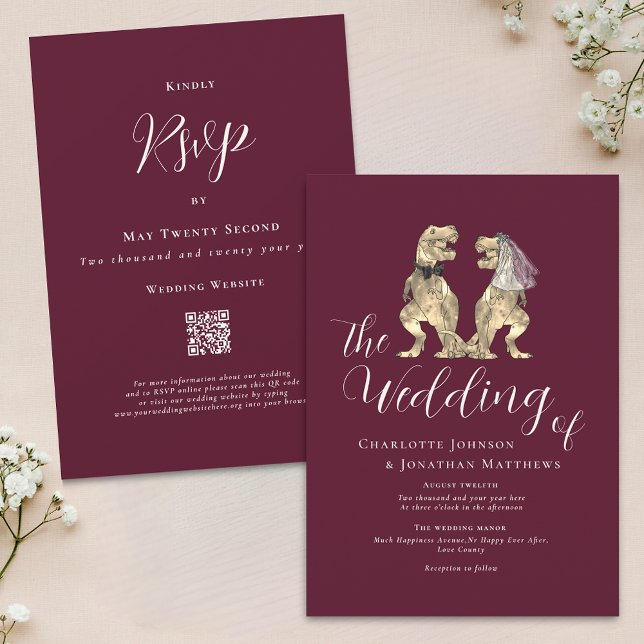 Dinosaur Theme Wedding Burgundy Cream QR code Invitation (Dinosaur theme wedding Burgundy and ivory Cream QR Code invitation elegant modern script T-Rex Dino)