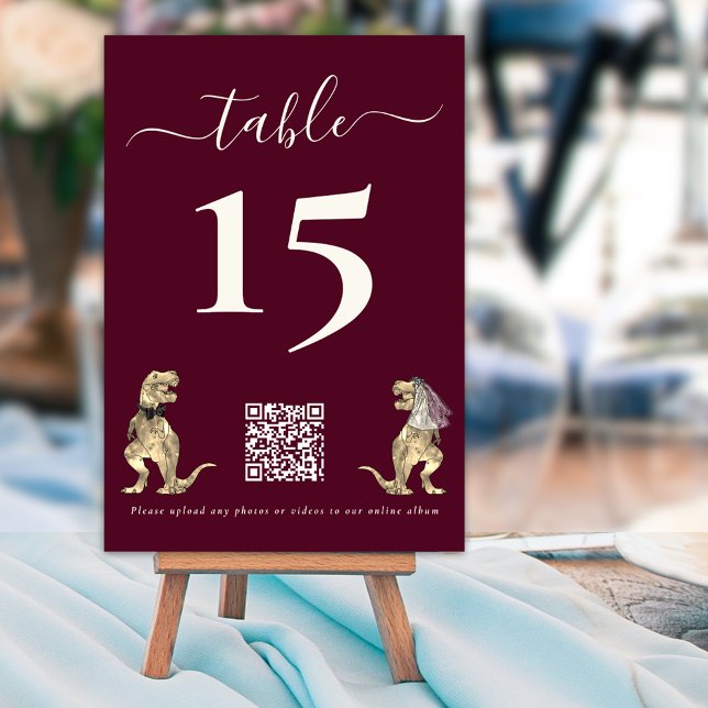 Dinosaur theme Wedding Burgundy QR Code Table Number (Dinosaur theme wedding qr code for photo & video burgundy and cream custom table number cards modern)
