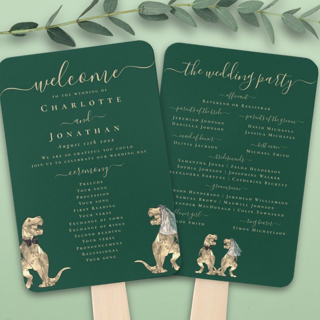 Dinosaur Theme Wedding Ceremony Green Program Hand Fan (Dinosaur theme wedding program dark green fan fun T-Rex bride and groom dinos elegant modern script )