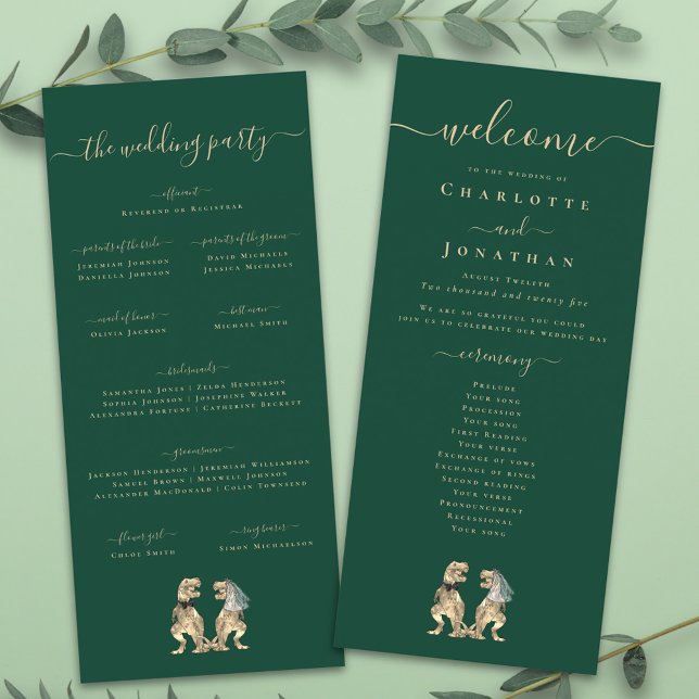 Dinosaur Theme Wedding Ceremony Green Program Menu (Dinosaur wedding menu card Funny T-Rex bride and groom elegant modern script dark green )