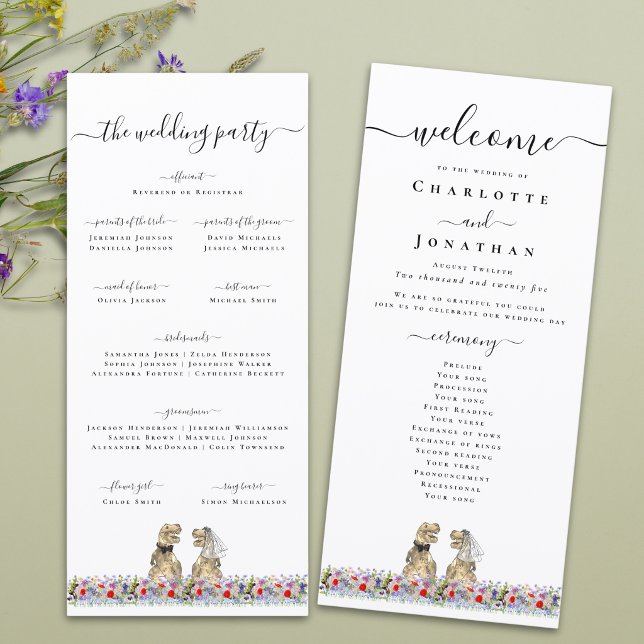 Dinosaur Theme Wedding Ceremony Program Menu (T-Rex bride and groom funny dinosaur wedding ceremony program card Boho watercolor wildflower meadow)