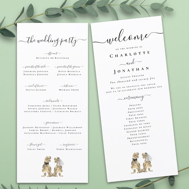 Dinosaur Theme Wedding Ceremony Program Menu (Dinosaur theme wedding program card Funny T-Rex dino bride and groom elegant modern script)