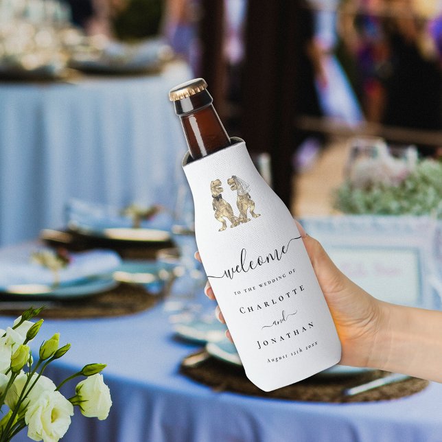 Dinosaur Theme Wedding Custom Bottle Cooler (Dinosaur wedding welcome custom beer bottle cooler elegant script funny T-Rex dino bride & groom)