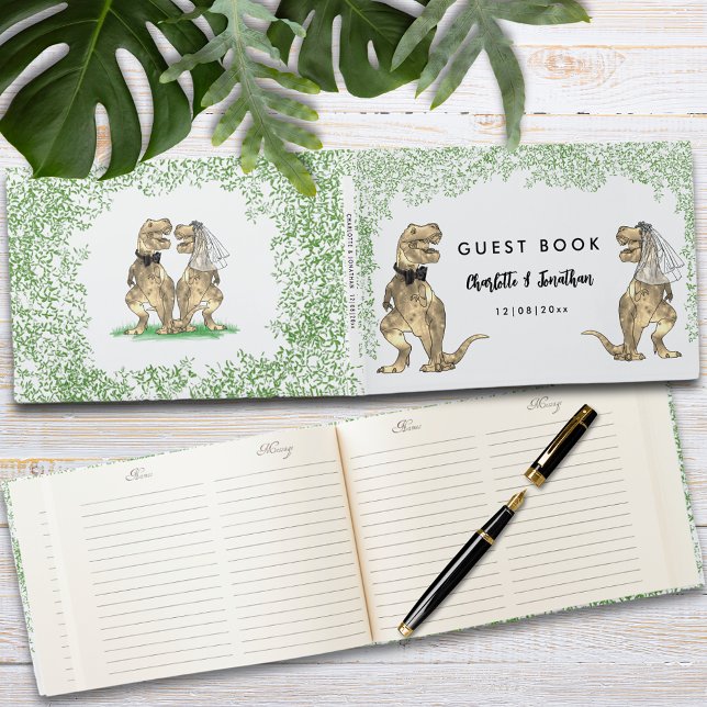 Dinosaur Theme Wedding custom Guest Book (Dinosaur themed wedding guest book with funny T-Rex bride and groom and Jurassic jungle foliage )