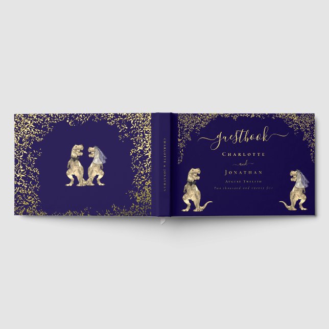 Dinosaur Theme Wedding Custom Navy Blue Gold Guest Book (Full)