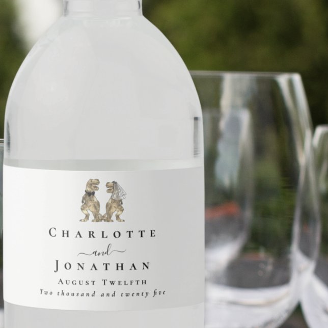 Dinosaur Theme Wedding Custom Water Bottle Label (Dinosaur wedding personalized big water bottle labels modern Elegant script T-Rex bride and groom)