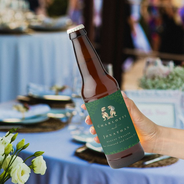 Dinosaur Theme Wedding Dark Green Beer Bottle Label (Dinosaur wedding dark green custom beer labels T-Rex dino bride and groom eucalyptus foliage)