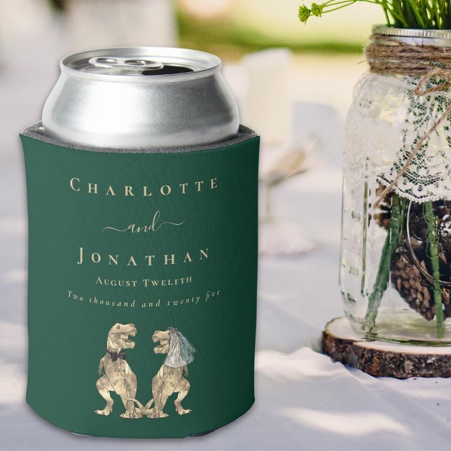 Dinosaur Theme Wedding Dark Green Can Cooler (Dinosaur wedding personalized dark green bride and groom names fun T-Rex dino couple Elegant script)