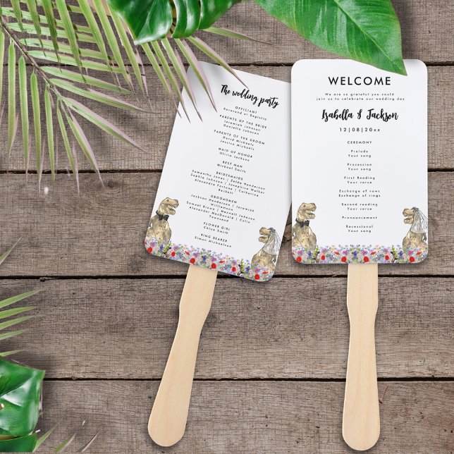 Dinosaur Theme Wedding Day Program Hand Fan (Dinosaur themed wedding day program with T-Rex bride and groom in a colorful wildflower meadow )