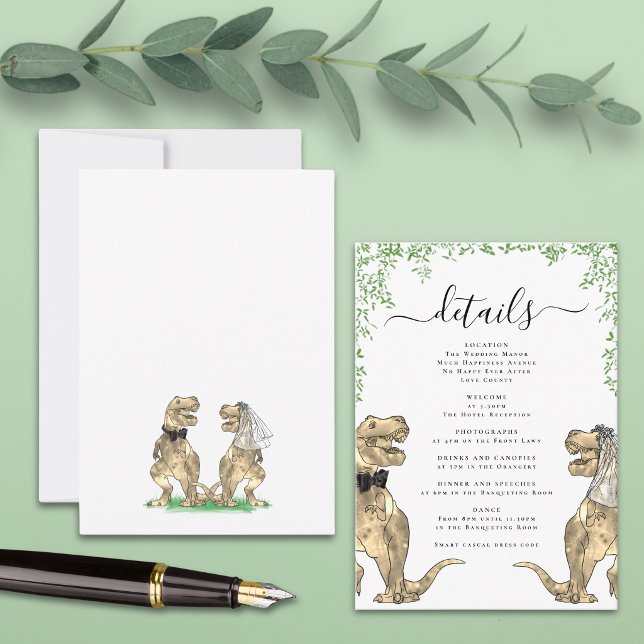 Dinosaur Theme Wedding Details  Enclosure Card (T-Rex bride and groom funny dinosaur wedding details enclosure card Watercolor eucalyptus foliage)