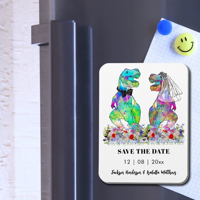 Dinosaur Theme Wedding Funny Save the Date Magnet (Dinosaur wedding save the date invitation magnet colorful T-Rex bride and groom wildflower meadow)