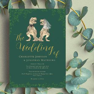 Dinosaur Theme Wedding Green and Gold Invitation