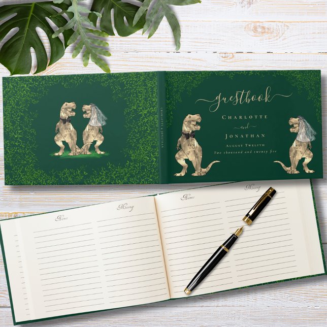 Dinosaur Theme Wedding Green Custom Guest Book ( Dinosaur bride and groom wedding custom dark green  guest book funny T-Rex dino eucalyptus foliage )