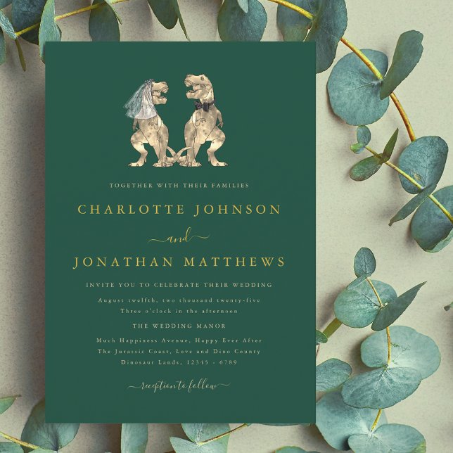 Dinosaur Theme Wedding Green Gold Invitation (Dinosaur theme wedding dark green gold invitation elegant modern fun T-Rex dino Bride and groom)