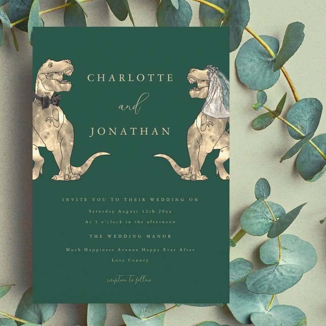 Dinosaur Theme Wedding Green Invitation (Dinosaur theme dark green wedding invitation modern typography funny T-Rex dino bride and groom)