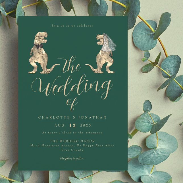 Dinosaur Theme Wedding Green Invitation (Dinosaur theme wedding dark green invitation Funny T-Rex bride & groom modern elegant script )