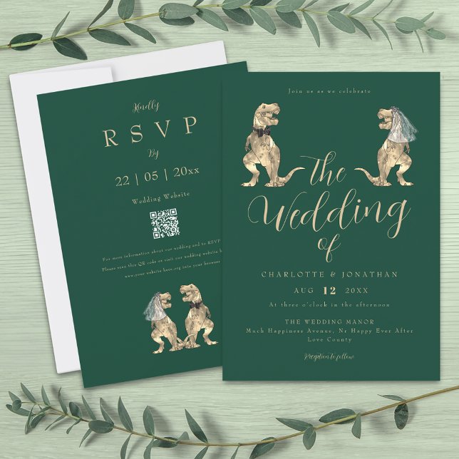 Dinosaur Theme Wedding Green Invitation (Dinosaur theme wedding dark green QR code invitation funny T-Rex dino Bride & groom elegant script )