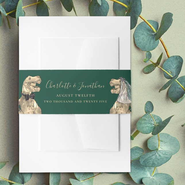 Dinosaur Theme Wedding Green Personalised Invitation Belly Band (Dinosaur wedding personalized dark green invitation belly bands Elegant modern script funny T-Rex)