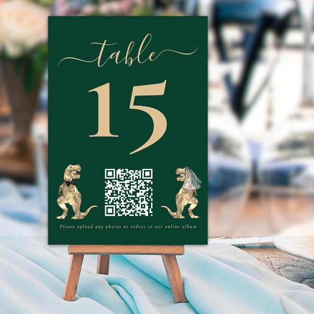 Dinosaur theme Wedding Green QR Code Table Number (Dinosaur theme wedding dark green table number cards with website qr code for photos and videos )