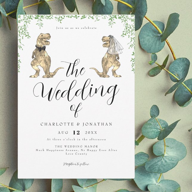 Dinosaur Theme Wedding Invitation (Dinosaur them wedding invitation with watercolor botanical foliage)