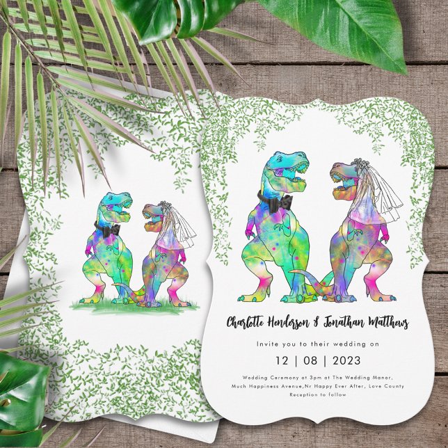 Dinosaur Theme Wedding Invitation (Colorful dinosaur wedding invitation with-Rex bride and groom Jurassic jungle prehistoric foliage )