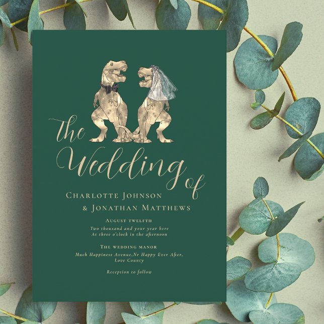 Dinosaur Theme Wedding Invitation (Dinosaur wedding dark green invitation Fun T-Rex din bride and groom elegant modern script )