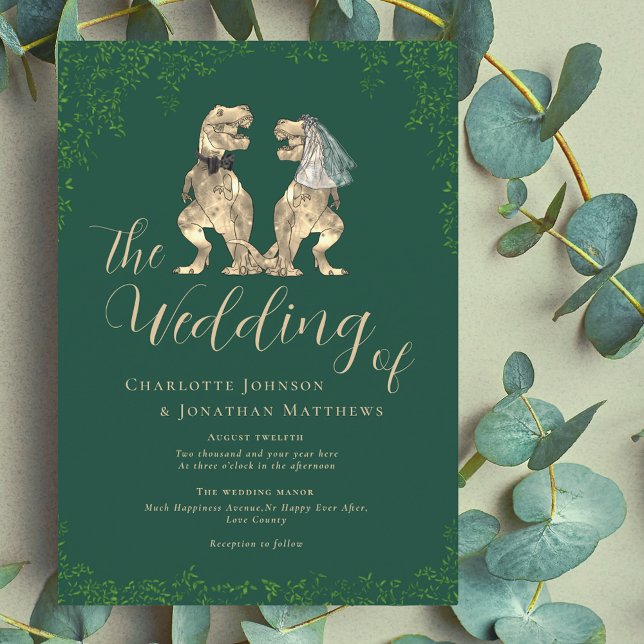 Dinosaur Theme Wedding Invitation (Dinosaur wedding T-Rex bride and groom dark green invitation fun Jurassic destination wedding )
