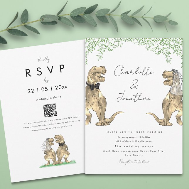 Dinosaur Theme Wedding Invitation (Boho botanical dinosaur wedding invitation with qr code)