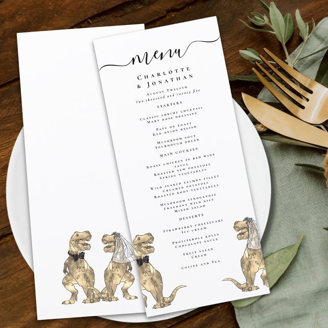Dinosaur Theme Wedding Menu (Dinosaur theme wedding menu funny T-Rex bride and groom dino elegant modern script)