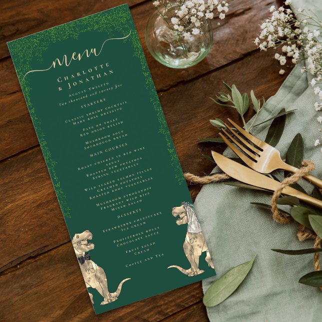 Dinosaur Theme Wedding Menu (dinosaur bride and groom dark green wedding menu watercolor T-Rex dino Jurassic eucalyptus foliage)