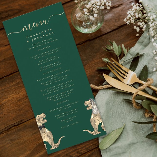Dinosaur Theme Wedding Menu (dinosaur bride and groom dark green wedding menu watercolor fun Jurassic T-Rex dino)