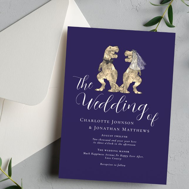 Dinosaur Theme Wedding Navy blue and White Invitation (Dinosaur theme wedding navy blue and white elegant script fun T-Rex dino bride and groom)